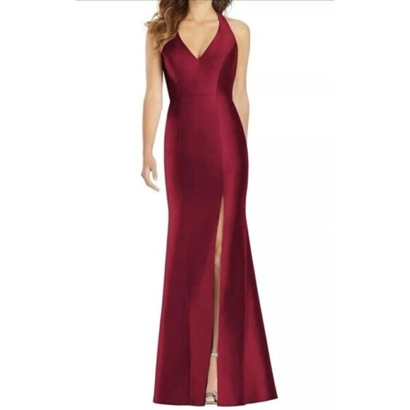 Alfred Sung Burgundy Satin Halter Formal Gown Size 14 V Neck Party $239 D761 - Picture 2 of 5